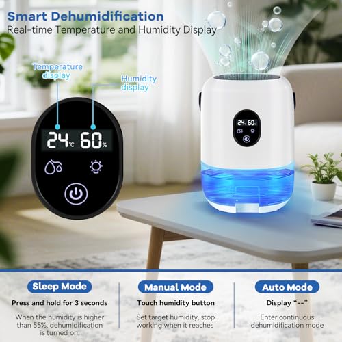 Deshumidificateur d'air BuzzoXerex 1000ML, silencieux avec affichage de température et d'humidité, 7 LED, mode sommeil, 