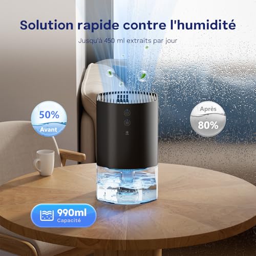 GOAMGE Déshumidificateur d'Air Portable 990ML pour la Maison, Dégivrage Automatique, Arrêt Automatique, 7 Couleurs LED, 