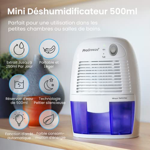 Pro Breeze Mini Déshumidificateur d'Air Compact - Absorbeur d'Humidité pour Cuisine, Chambre et Salle de Bain - Bureau