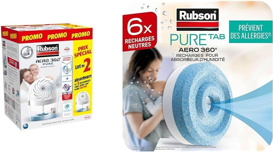 Rubson | Déshumidificateurs d’air Aéro 360° Pure : Absorbeurs d'humidité complet + 8 recharges – Idéal pour pièces de 20