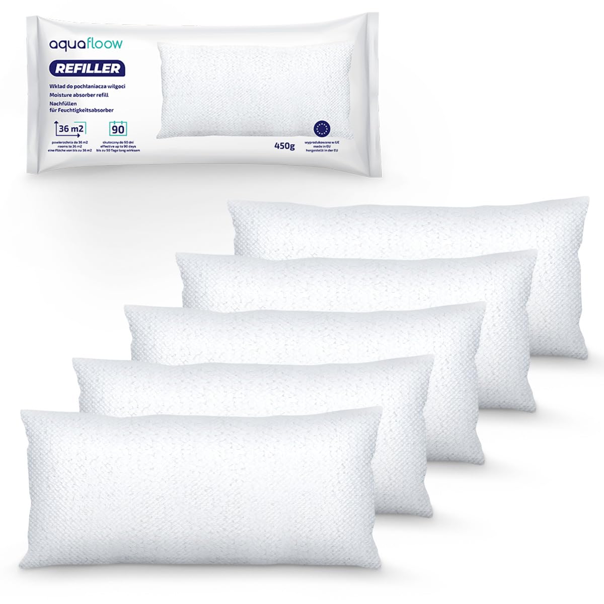 Aquafloow 5x Sacs d'Absorbeurs pour Déshumidificateur 450 g | Contrôle des Moisissures pour Pièces de 40 m² | Recharges 