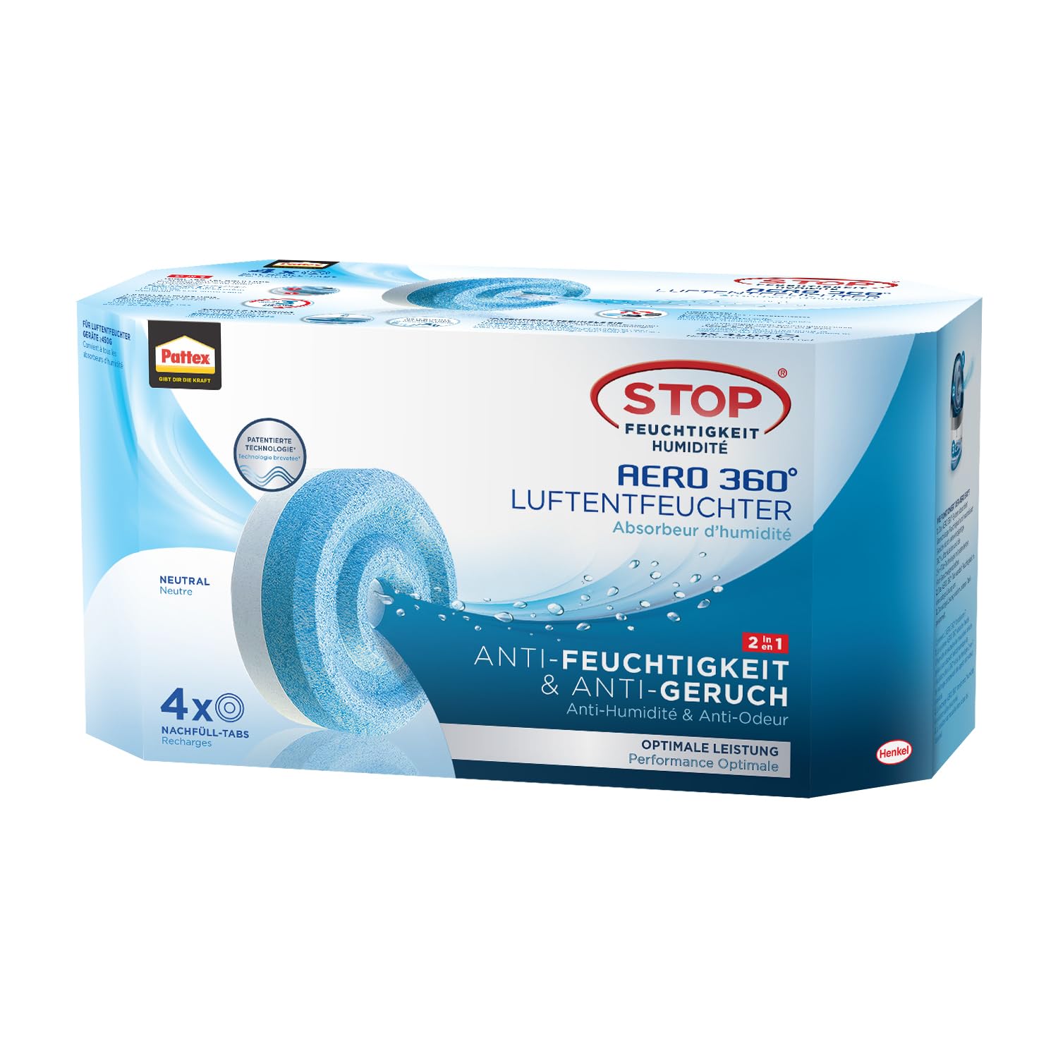Pattex Déshumidificateur AERO 360° Neutral Tabs Rechargeables - Réduit l'humidité et les mauvaises odeurs - 4 x 450 g po