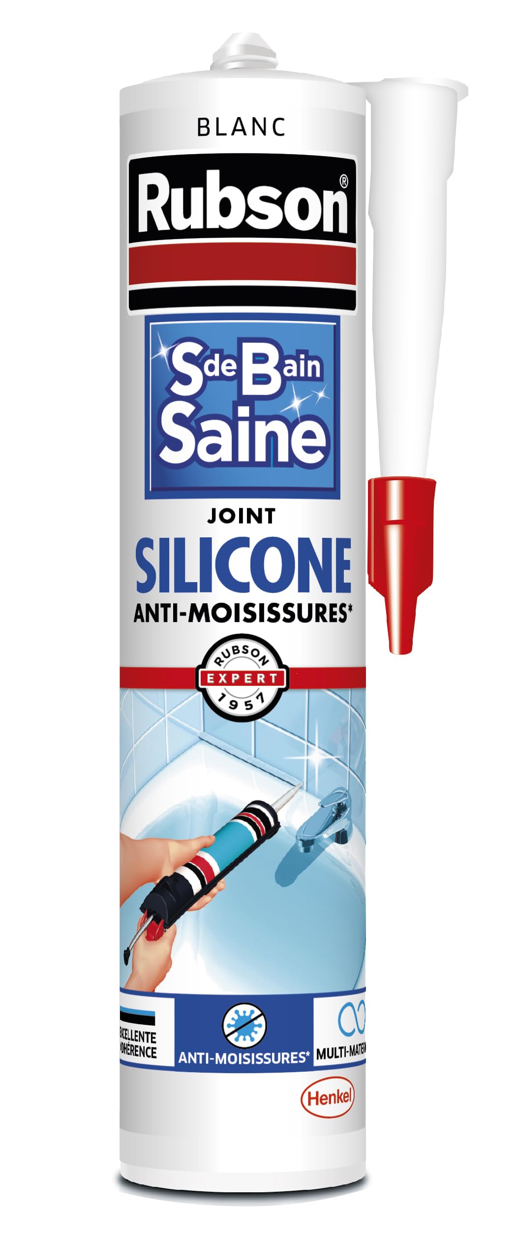 Rubson Mastic Salle de Bain Blanc Anti-Moisissures, Joint Silicone Multi-Matériaux Souple Étanche 280 ml