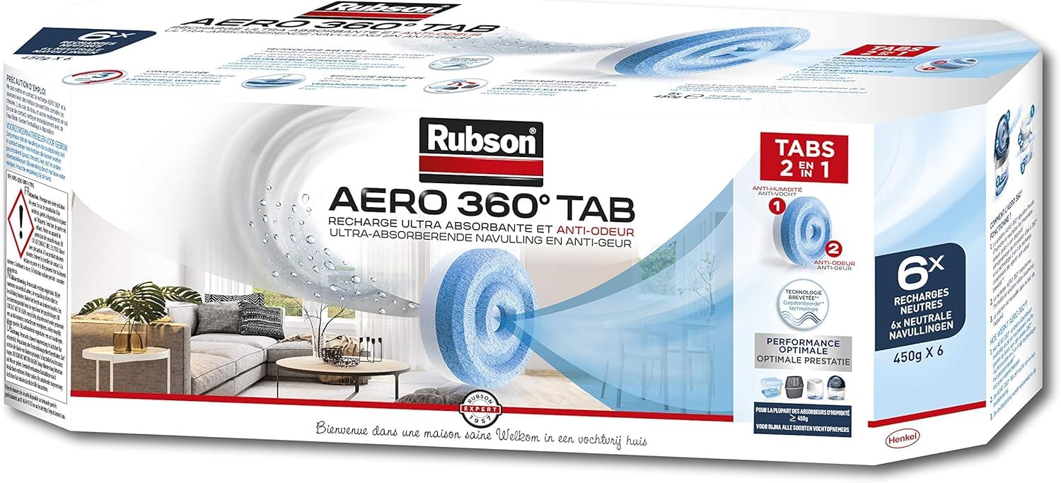 Rubson AERO 360° TAB Absorbeurs d'Humidité Ultra Absorbants et Anti-Odeurs 6 x 450g pour Déshumidificateurs