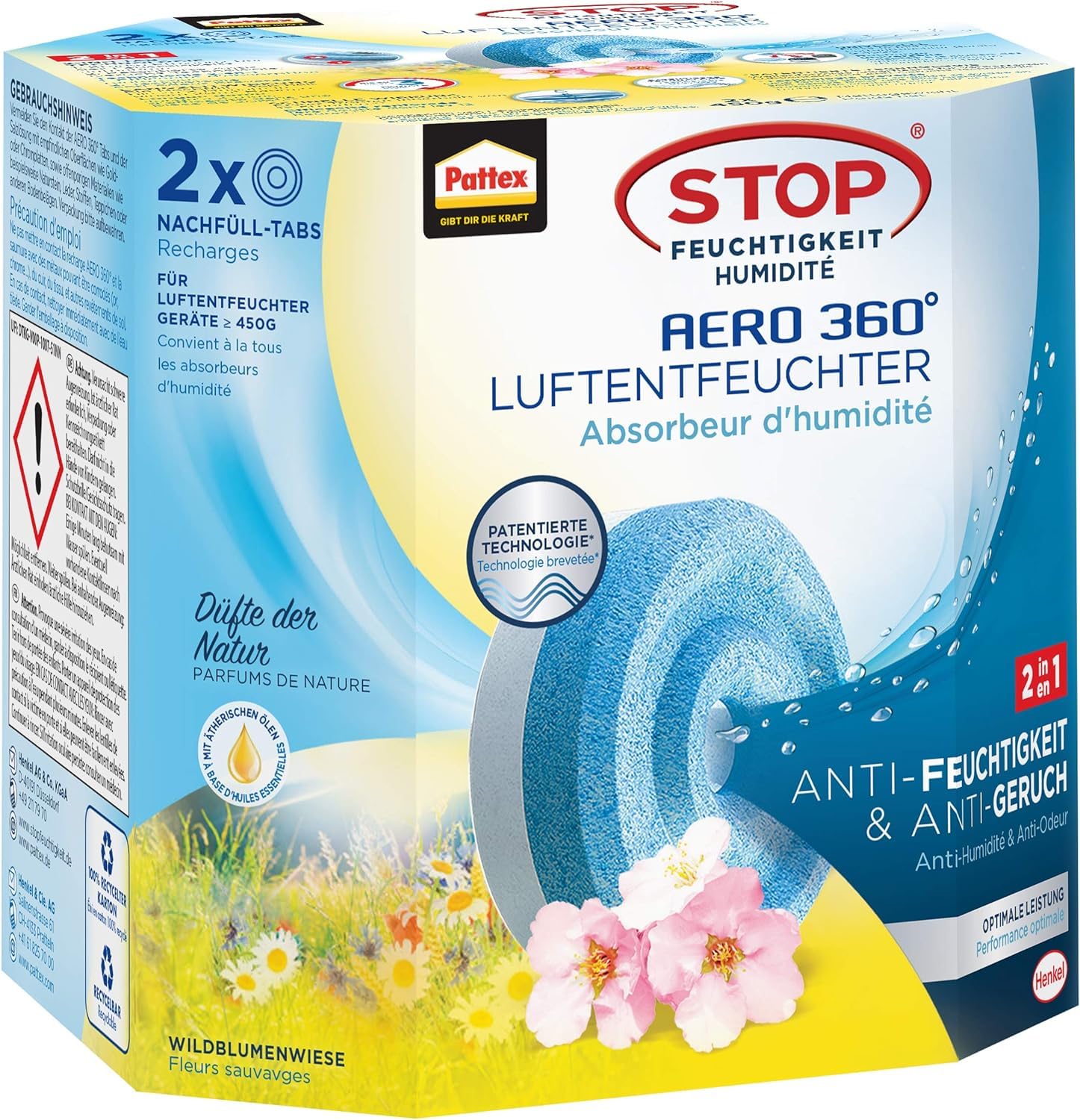 Pattex AERO 360° Wildblumenwiese Tabs Réduisent Humidité Mauvaises Odeurs, Remplement pour Déshumidificateur AERO 360°, 