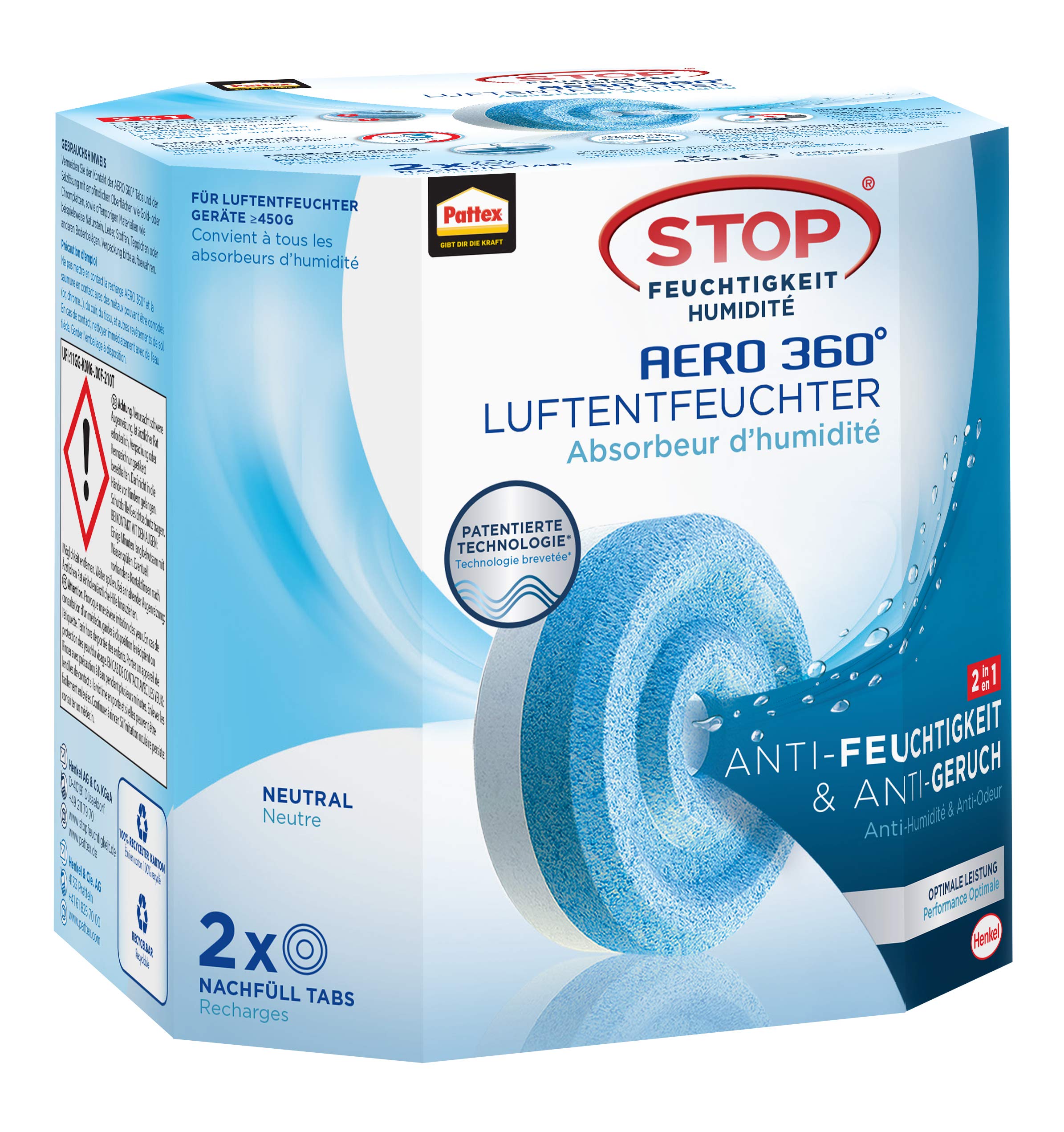 Pattex Déshumidificateur AERO 360° Neutral Tabs 2x 450 g, réduit l'humidité et les mauvaises odeurs, pour la maison.